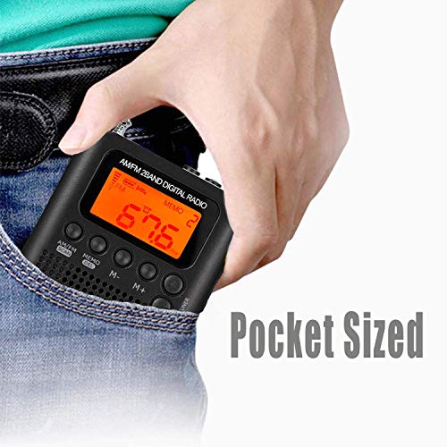 Lychee Radio de Bolsillo Portátil Mini Am Radio Estéreo FM con Altavoz, Reloj Despertador y Temporizador para Dormir, Auriculares (Negro)