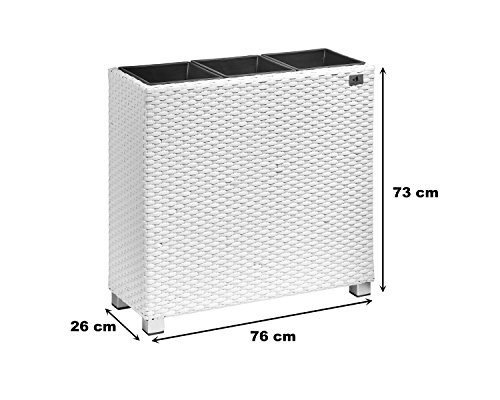 Macetero Gartenfreude, separador de ambientes de polirreacto, inserciones de plástico 3x con pies de aluminio, blanco, 76x26x73 cm, 4000-1071-208