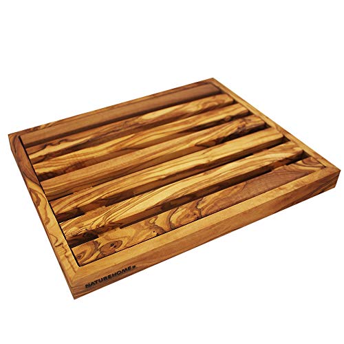 Madera de olivo tabla para cortar pan con bandeja recogemigas 11,81 "x 9,45 x 0,984"