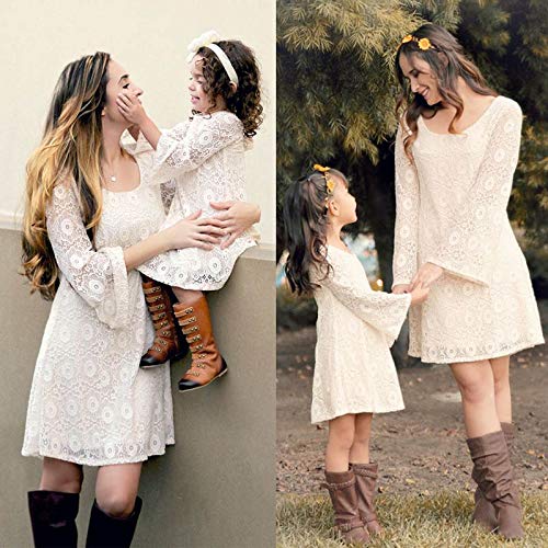 Madre e Hija Vestidos Familiares Manga Larga en Encaje Blanco Vestidos Elegantes de Niña/Mujer Vestido de Boda Fiesta Casual para Chica