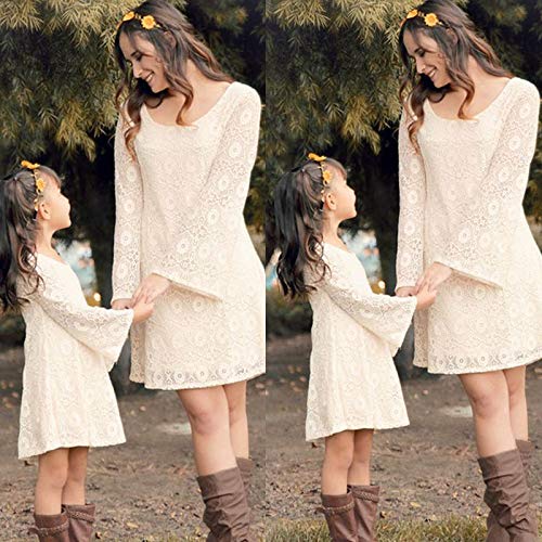 Madre e Hija Vestidos Familiares Manga Larga en Encaje Blanco Vestidos Elegantes de Niña/Mujer Vestido de Boda Fiesta Casual para Chica