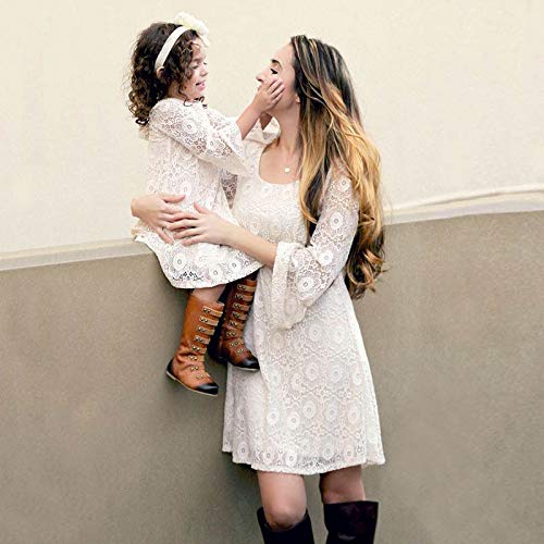 Madre e Hija Vestidos Familiares Manga Larga en Encaje Blanco Vestidos Elegantes de Niña/Mujer Vestido de Boda Fiesta Casual para Chica