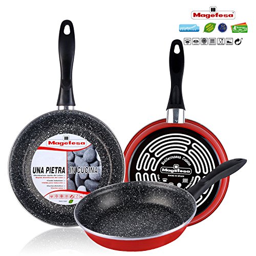 Magefesa K2 Rojo - Set Juego 3 Sartenes 18-20-24 cm, inducción, Antiadherente Piedra Libre de PFOA, Limpieza lavavajillas Apta para Todas Las cocinas, vitroceramica, Gas, Fabricadas en España