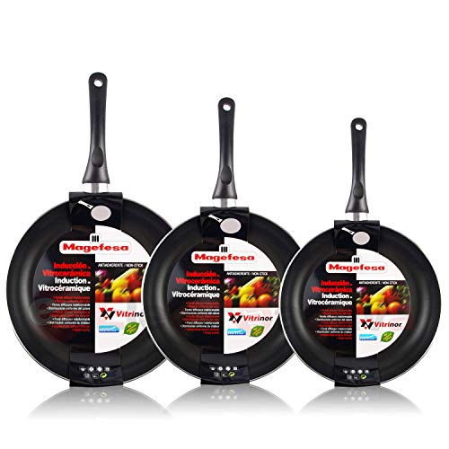 Magefesa Vitral - Set Juego 3 Sartenes 18-20-24 cm Aluminio, inducción, Antiadherente Libre de PFOA, Limpieza lavavajillas Apta para Todas Las cocinas, vitroceramica, Gas