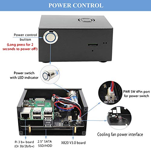 MakerHawk Estuche metálico Raspberry Pi con Ventilador de enfriamiento e Interruptor de Control de energía para Raspberry Pi X820 V3.0 SSD/HDD Placa de expansión de Disco Duro SATA de 2,5 Pulgadas