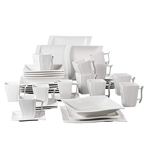 MALACASA, Serie Flora, 36 Piezas Vajillas de Porcelana Juegos de Vajillas Servicio de Cena con 6 Mugs, 6 Tazas de Café, 6 Platillos, 6 Platos de Postre, 6 Plato de Sopa y 6 Plato Plano para 6 Personas