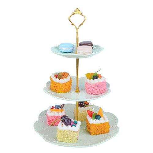 MALACASA serie Sweet.Time, Bandejas para Tartas, Plato de Porcelana 3 Capas de Placas, (6" 8" 10") Soporte de Oro para Postres, Frutas, Magdalenas, Verde