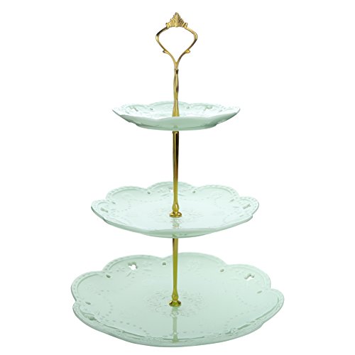 MALACASA serie Sweet.Time, Bandejas para Tartas, Plato de Porcelana 3 Capas de Placas, (6" 8" 10") Soporte de Oro para Postres, Frutas, Magdalenas, Verde