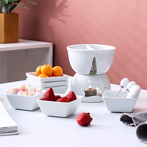 MALACASA, Series favor, Fondues de Chocolate, Blanco Marfil Portavelas de Porcelana Queso Mantequilla Chocolate Fondue Set con 6 Cuencos 6 Tenedores