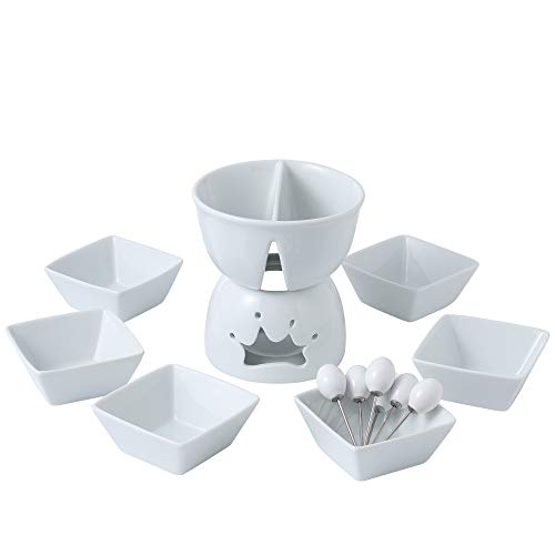 MALACASA, Series favor, Fondues de Chocolate, Blanco Marfil Portavelas de Porcelana Queso Mantequilla Chocolate Fondue Set con 6 Cuencos 6 Tenedores