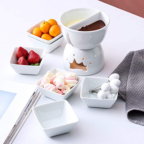 MALACASA, Series favor, Fondues de Chocolate, Blanco Marfil Portavelas de Porcelana Queso Mantequilla Chocolate Fondue Set con 6 Cuencos 6 Tenedores