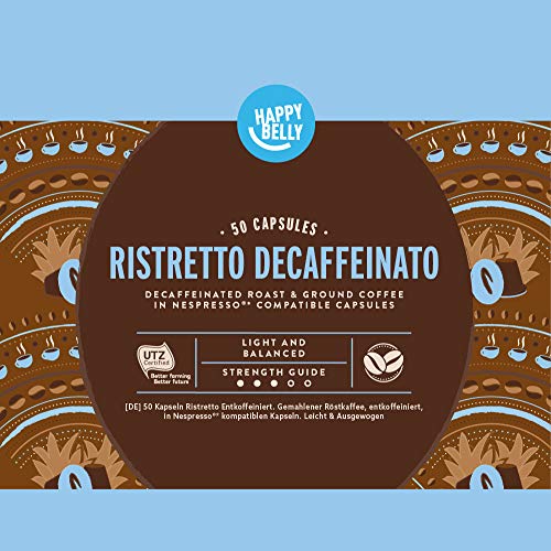 Marca Amazon - Happy Belly Ristretto Decaffeinato- Café UTZ molido de tueste natural descafeinado en cápsulas (compostables) compatibles con Nespresso, 50 cápsulas (5x10)