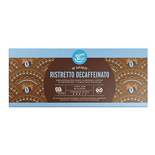 Marca Amazon - Happy Belly Ristretto Decaffeinato- Café UTZ molido de tueste natural descafeinado en cápsulas (compostables) compatibles con Nespresso, 50 cápsulas (5x10)