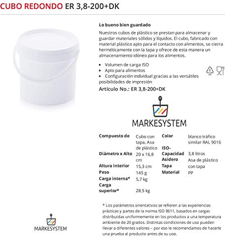 MARKESYSTEM - Cubo HERMÉTICO Catering - Pack de 5 X 3,8 litros - Cubos de Plástico con Tapa - Contenedores Apilables - Envasar Alimentos, Líquidos y Pinturas - Polipropileno Blanco + Kit Etiquetado