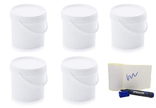 MARKESYSTEM - Cubo HERMÉTICO Catering - Pack de 5 X 3,8 litros - Cubos de Plástico con Tapa - Contenedores Apilables - Envasar Alimentos, Líquidos y Pinturas - Polipropileno Blanco + Kit Etiquetado