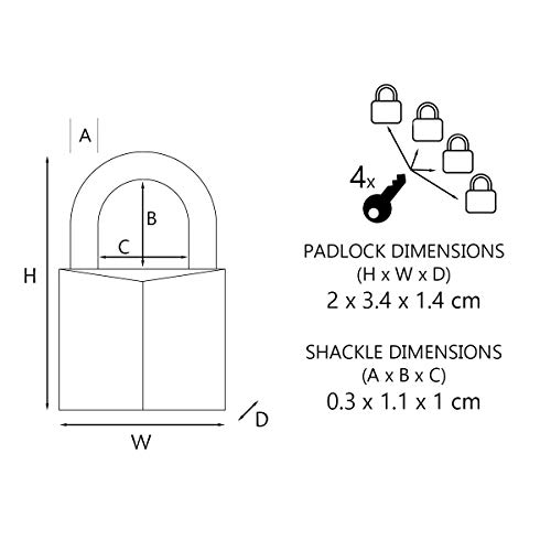 Master Lock 9120EURQBLK Lote de 4 Candados con Llave con cuerpo de aluminio macizo revestido, Negro, 20mm, Set de 4 Piezas