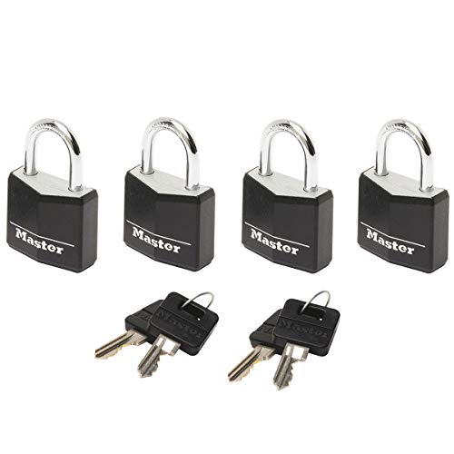 Master Lock 9120EURQBLK Lote de 4 Candados con Llave con cuerpo de aluminio macizo revestido, Negro, 20mm, Set de 4 Piezas