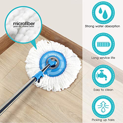 MASTERTOP Juego de 360° Mopa Giratoria y Cubo con Escurridor con Pedal,Trapeador de Microfibra con 3 Cabezales de Fregona Reemplazables 1 Cabezal de Cepillo Cocina Hogar