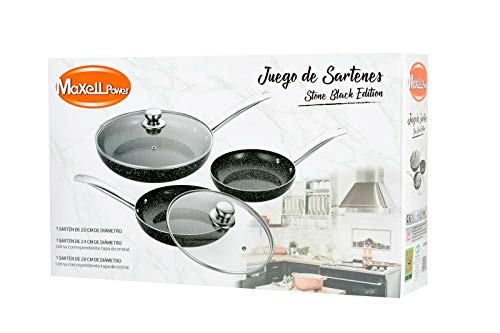 MAXELLPOWER Juego DE 3 SARTENES 2 Tapas Color Negro Piedra Apto para Horno Mango Acero