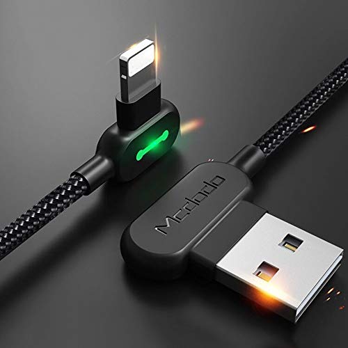mcdodo ángulo Recto del Cable USB con luz LED,90 Grado Cable de Carga USB Reversible Adaptador de Datos de Conector de Cargador rápido,Compatible con Phone 11 Pro MAX XR X 8 7 Plus (0.5m)