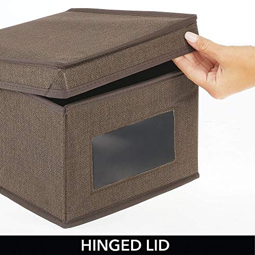 mDesign Caja de almacenamiento – Organizador apilable pequeño y de fibra sintética con tapa y ventana de visualización – Cajas para ropa rectangulares para el dormitorio – marrón oscuro