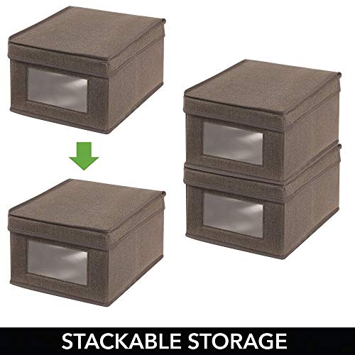 mDesign Caja de almacenamiento – Organizador apilable pequeño y de fibra sintética con tapa y ventana de visualización – Cajas para ropa rectangulares para el dormitorio – marrón oscuro