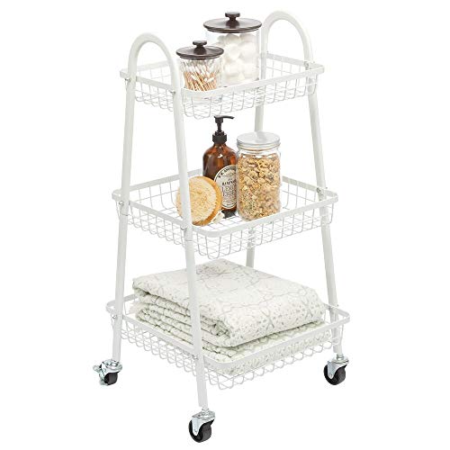 mDesign Carrito auxiliar de metal – Carro de cocina móvil con 3 cestas para almacenaje adicional – Carro verdulero, también práctico en la habitación infantil o el baño – blanco mate