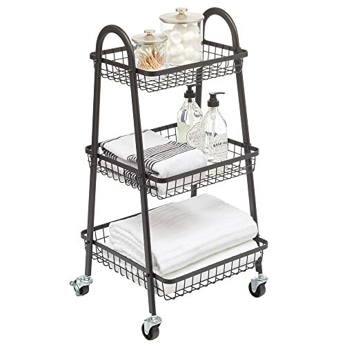 mDesign Carrito auxiliar móvil – Estantería con ruedas y 3 estantes en metal – Compacto verdulero con ruedas para baño, cocina, despacho o habitación infantil – negro mate