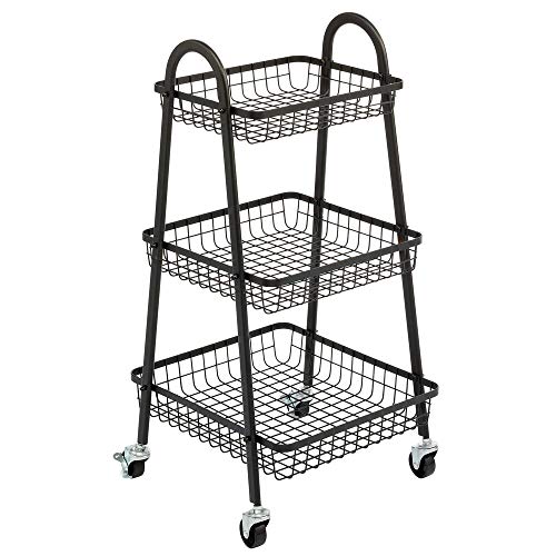 mDesign Carrito auxiliar móvil – Estantería con ruedas y 3 estantes en metal – Compacto verdulero con ruedas para baño, cocina, despacho o habitación infantil – negro mate