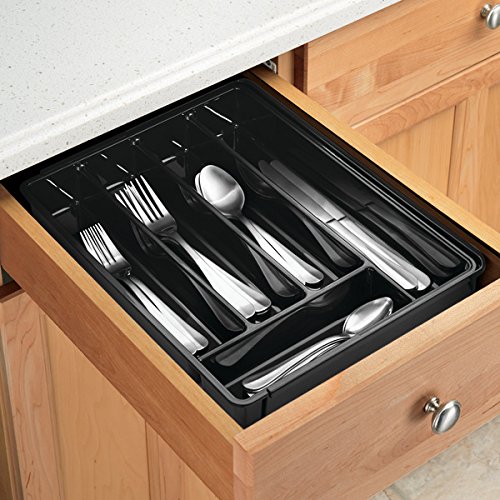 mDesign Cubertero antideslizante expandible con 6 divisiones – Organizador de cubiertos extensible para ordenar utensilios – Bandeja para cubiertos y para organizar cajones de cocina – Color: negro