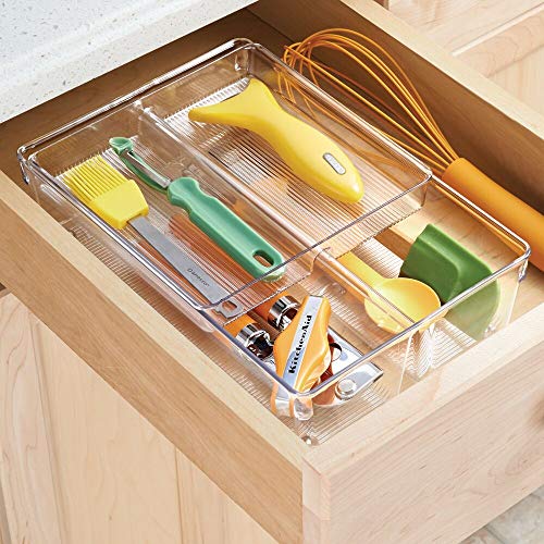 mDesign Cubertero doble para cajones de cocina – Bandeja para cubiertos con 4 compartimentos – Ideal para espumaderas, cucharones y utensilios de cocina – Dos pisos – Transparente