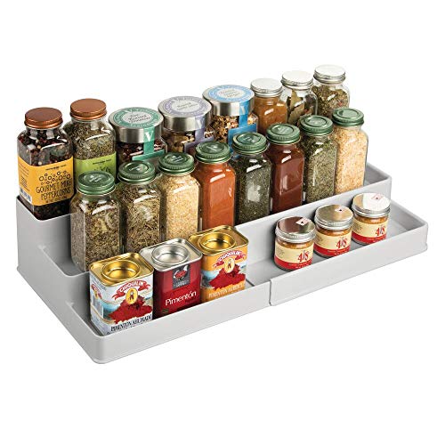 mDesign Especiero para Armario de Cocina o encimera – Estante Extensible para almacenar condimentos y ordenar la Cocina – Organizador de Especias de plástico con 3 Niveles – Gris Claro