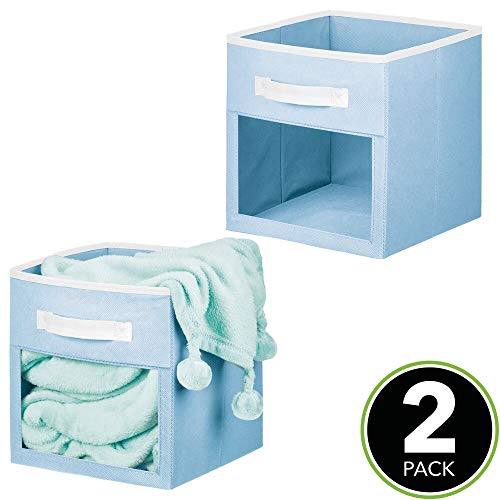 mDesign Juego de 2 Cajas organizadoras para Juguetes o Ropa – Cajas de Tela cuadradas con asa y Ventana de visualización – Cajas Plegables de Tela para Juguetes – Azul y Blanco