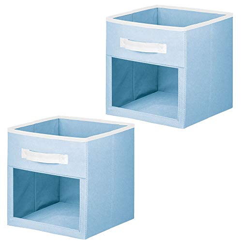 mDesign Juego de 2 Cajas organizadoras para Juguetes o Ropa – Cajas de Tela cuadradas con asa y Ventana de visualización – Cajas Plegables de Tela para Juguetes – Azul y Blanco