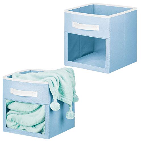 mDesign Juego de 2 Cajas organizadoras para Juguetes o Ropa – Cajas de Tela cuadradas con asa y Ventana de visualización – Cajas Plegables de Tela para Juguetes – Azul y Blanco