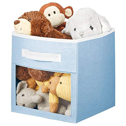 mDesign Juego de 2 Cajas organizadoras para Juguetes o Ropa – Cajas de Tela cuadradas con asa y Ventana de visualización – Cajas Plegables de Tela para Juguetes – Azul y Blanco