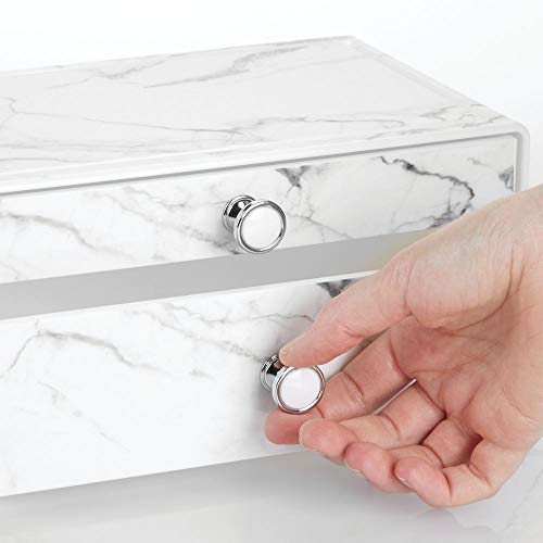 mDesign Organizador de maquillaje apilable para lavabo o tocador – Caja para maquillaje con 2 cajones en plástico – Minicómoda para cosméticos con tiradores y dibujo de mármol – blanco/gris