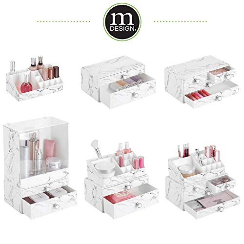 mDesign Organizador de maquillaje apilable para lavabo o tocador – Caja para maquillaje con 2 cajones en plástico – Minicómoda para cosméticos con tiradores y dibujo de mármol – blanco/gris