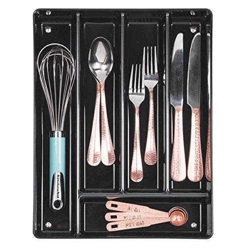 mDesign organizador plastico con 6 compartimentos para sus utensilios de cocina - Organizador cocina en color negro - Cubertero ideal para cajones