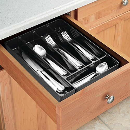 mDesign organizador plastico con 6 compartimentos para sus utensilios de cocina - Organizador cocina en color negro - Cubertero ideal para cajones