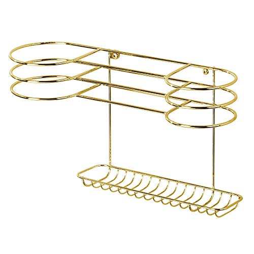 mDesign Soporte de pared para secador de pelo – Práctico estante de baño con 3 divisiones para utensilios de peluquería – Ideal organizador de baño para secador, plancha o rizador – color latón