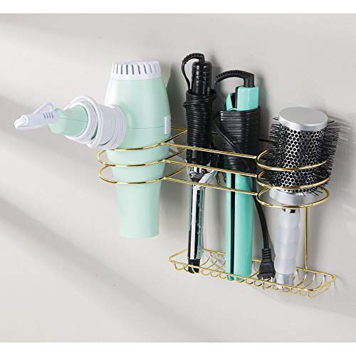 mDesign Soporte de pared para secador de pelo – Práctico estante de baño con 3 divisiones para utensilios de peluquería – Ideal organizador de baño para secador, plancha o rizador – color latón