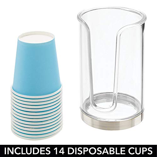 mDesign Soporte para vasos de usar y tirar – Dispensadores de vasos para agua y enjuague bucal – Portavasos con 14 vasos incluidos para la higiene bucal – transparente y plateado