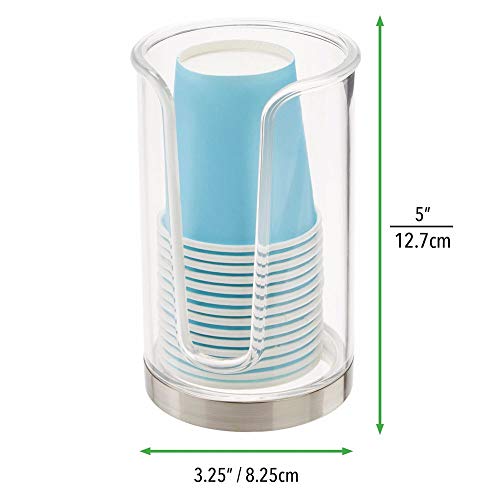 mDesign Soporte para vasos de usar y tirar – Dispensadores de vasos para agua y enjuague bucal – Portavasos con 14 vasos incluidos para la higiene bucal – transparente y plateado