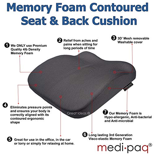 Medipaq Cojín de Espuma de Memoria Moldeado 2 en 1 – Cojín Lumbar y Cojín de Asiento – Reduce el dolor de espalda – Corrector de Postura para Silla de Escritorio - Silla de Ruedas – Asiento de Coche