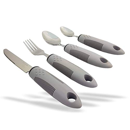 Medipaq Set de Cubiertos Cómodo Agarre – Cubiertos para Discapacitados – Cubiertos para Personas Mayores e Inválidos – Cubiertos Estables para Personas con Temblores – 1x Juego de Cubiertos - Gris