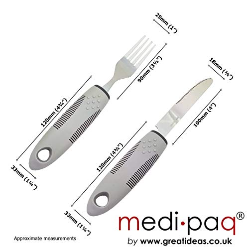 Medipaq Set de Cubiertos Cómodo Agarre – Cubiertos para Discapacitados – Cubiertos para Personas Mayores e Inválidos – Cubiertos Estables para Personas con Temblores – 1x Juego de Cubiertos - Gris