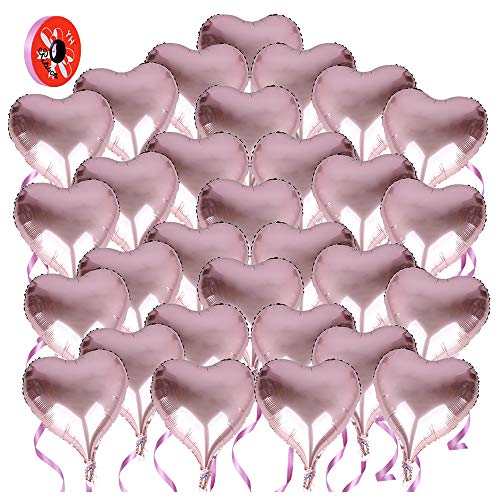 MEJOSER 30pcs 18in 45cm Globos Metalicos de Corazón Rosas + Rollo de Cinta Globos Metalizados Helio Decoración Fiesta Cumpleaños Boda