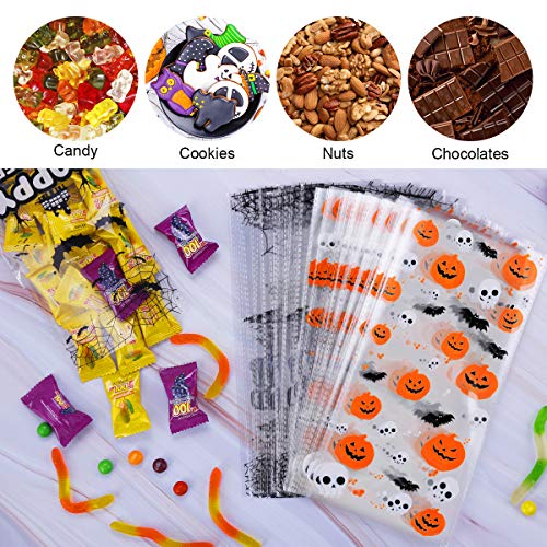 MELLIEX 100 Piezas Bolsa Regalo Halloween, Bolsas para Chuches de Celofán de Plástico Transparente 27 x17cm Bolsa de Dulces para Frutos Secos, Caramelos, Chocolate（Patrón de Murciélago de Calabaza）