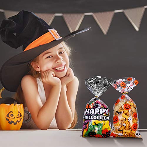 MELLIEX 100 Piezas Bolsa Regalo Halloween, Bolsas para Chuches de Celofán de Plástico Transparente 27 x17cm Bolsa de Dulces para Frutos Secos, Caramelos, Chocolate（Patrón de Murciélago de Calabaza）